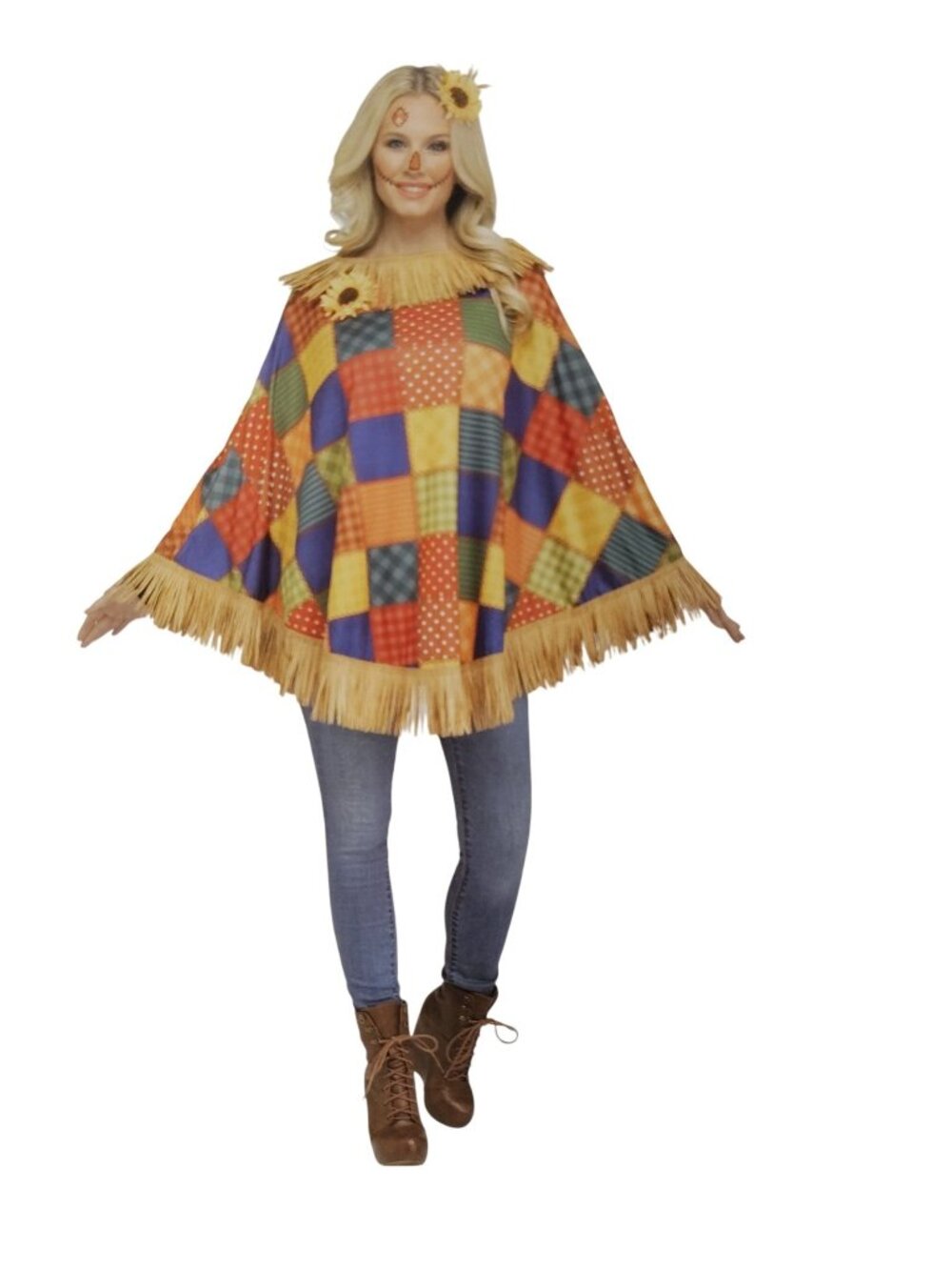 Womens XS to XL Scarecrow Poncho With Fringe and Hair Clip